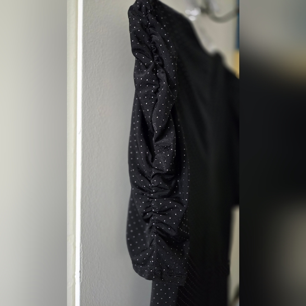 Speechless Black Ruched Sleeved Wrap Mini Dress Pokadot NWOT - Picture 4 of 4